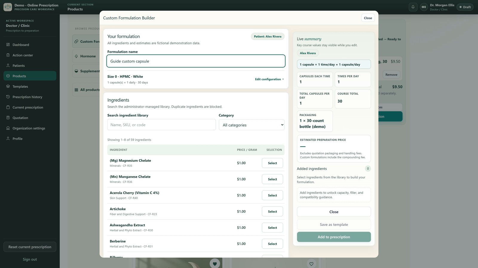 Personalized Compounding Portal demo: custom formulation builder with ingredient library and live summary, fictional data
