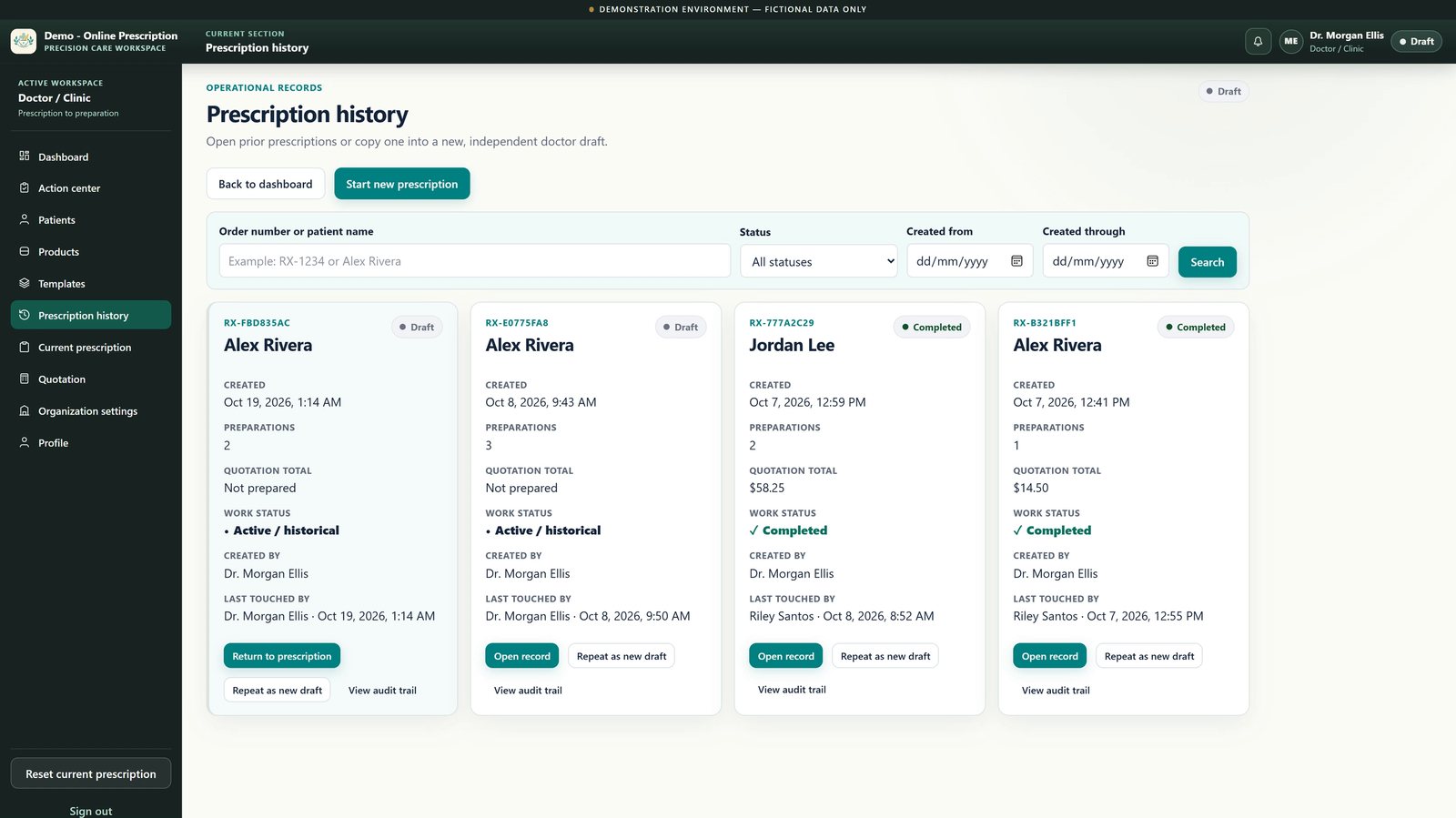 Personalized Compounding Portal demo: prescription history with status, created-by and last-touched-by on each record, fictional data