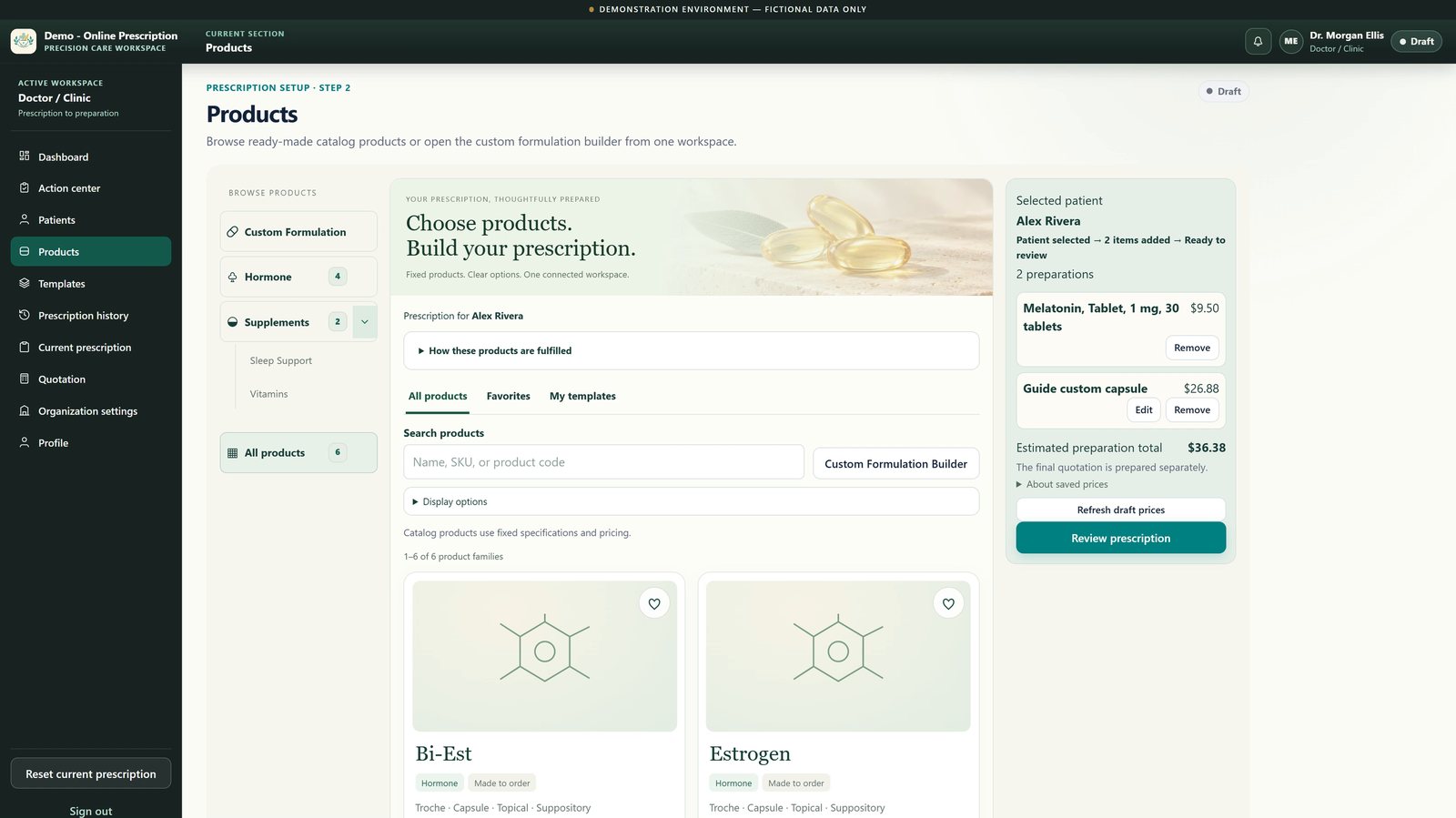 Personalized Compounding Portal demo: products catalog with a custom formulation option and a prescription summary, fictional data